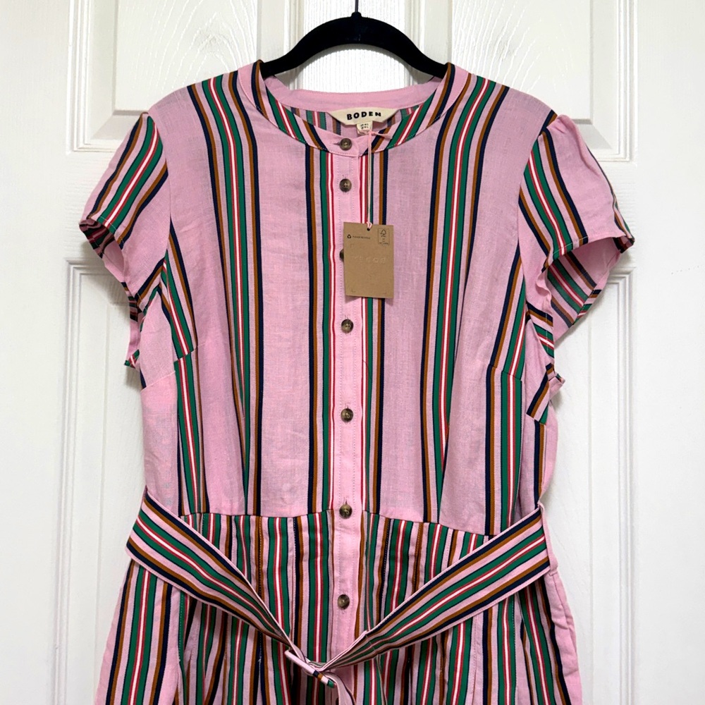 NWT Boden Arabella Linen Blend Dress in Pink Rich Emerald Stripe - Picture 10 of 13